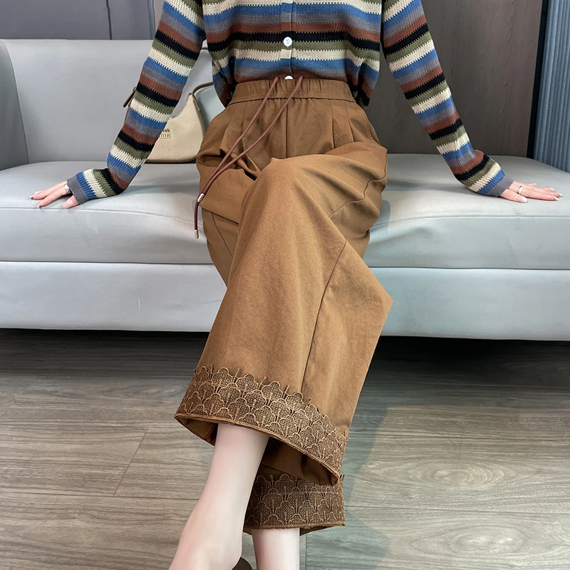 气质蕾丝花边阔腿裤女春秋季2025新款高腰抽绳小个子九分哈伦裤子
