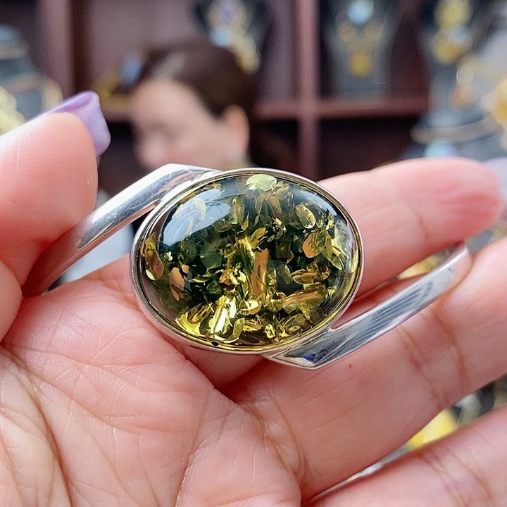 琥珀手镯银S925镶嵌手镯