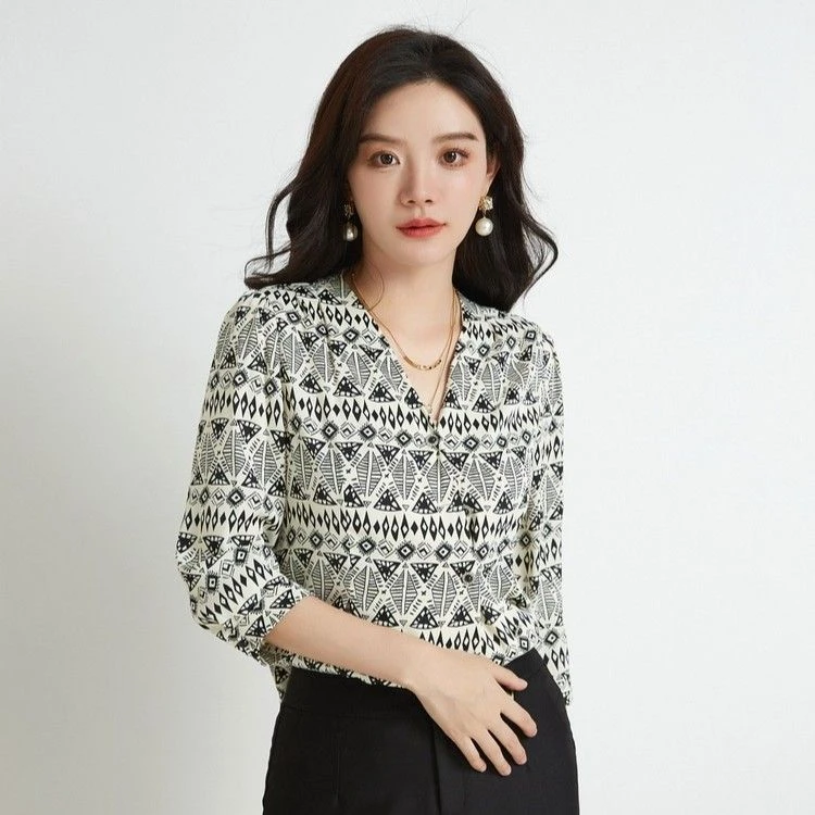 S012印花单排多扣春季波点系衬衫上衣春夏显瘦小众衬衫