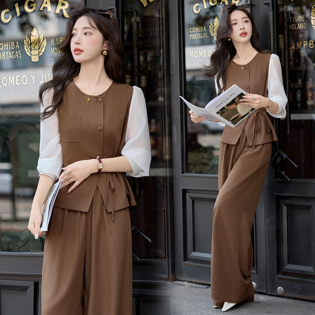 套装女款爆款2025新款高级感拼色系带两件套裤兰知春序财阀千金女