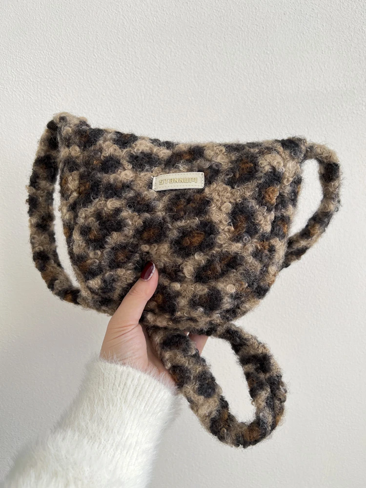 韩国博主ins豹纹毛绒单肩包女秋冬时髦百搭斜挎小包羊羔绒毛毛包