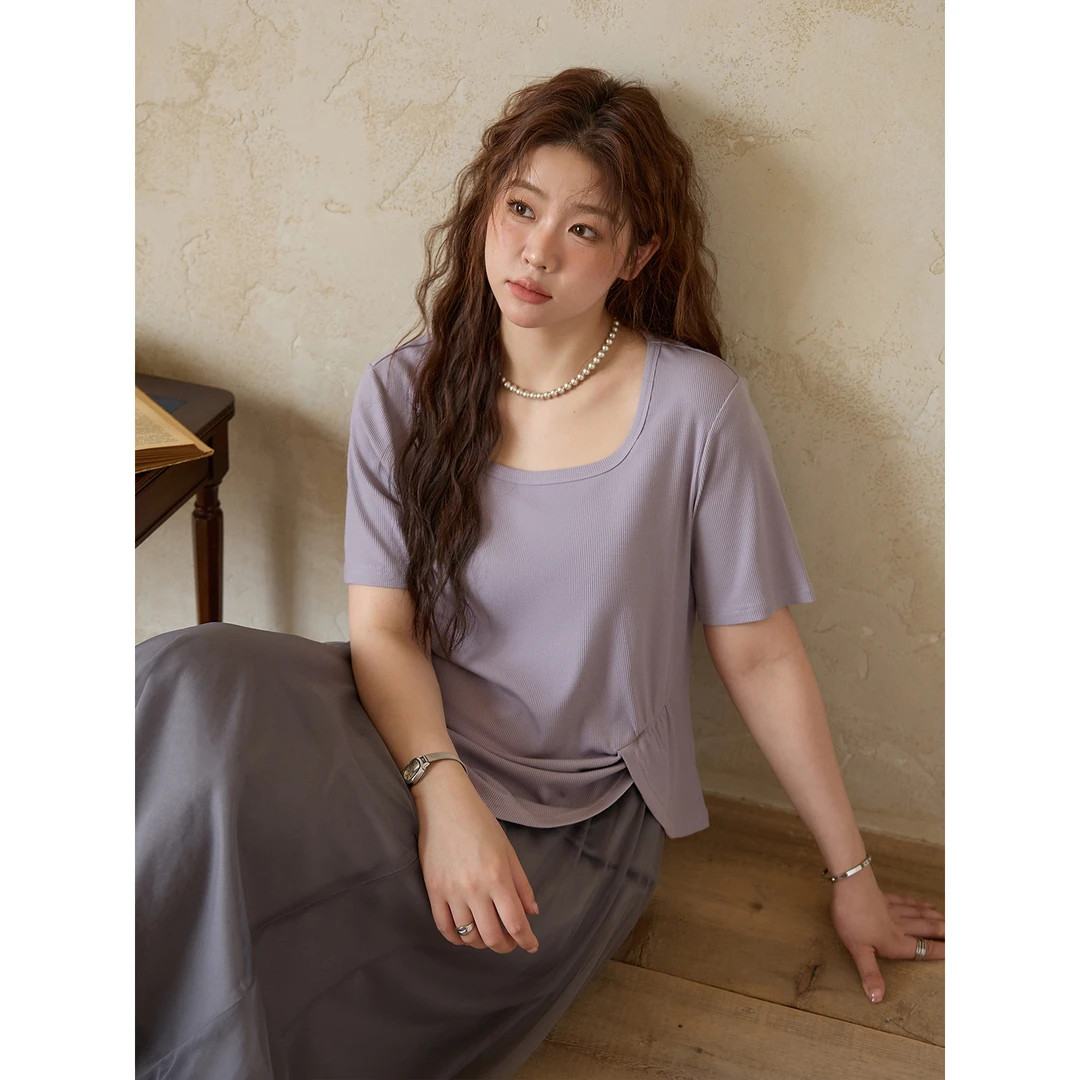 小俪大码女装 显瘦十斤！抽皱不规则开叉U领正肩短袖女DB6T02599