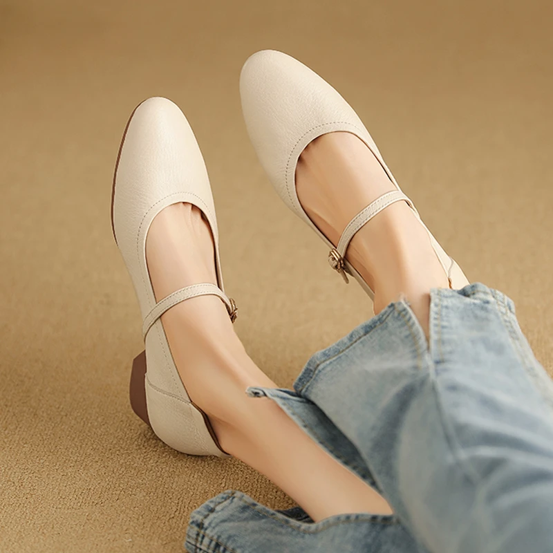 蜻蜒真皮女鞋粗跟圆头一字带玛丽珍鞋复古软皮软底轻便小皮鞋单鞋