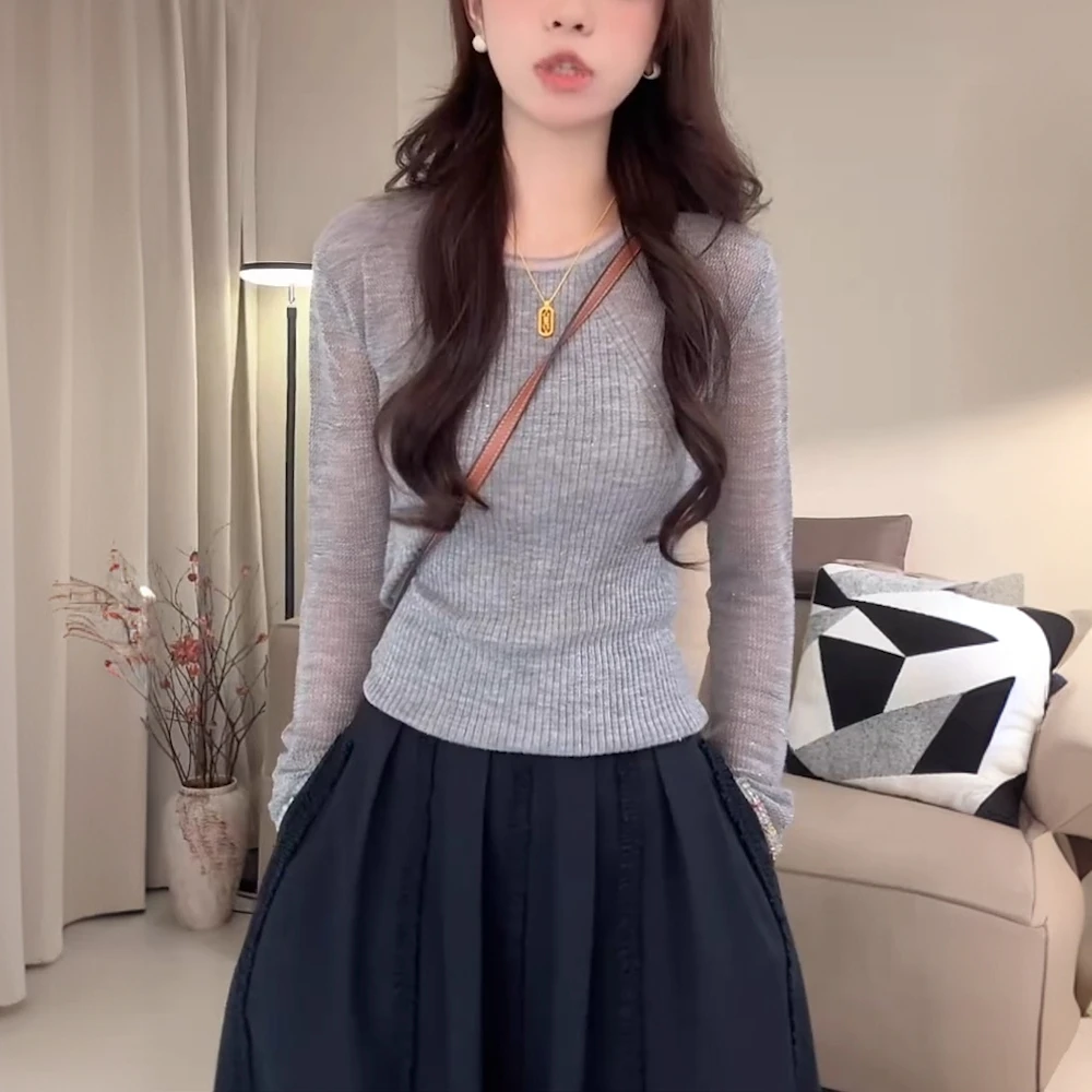 简约风韩版长袖针织衫女2025秋季新款时尚百搭显瘦圆领套头上衣潮