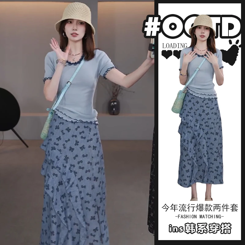 可甜可盐炸街套装女设计感别致显瘦上衣高腰开叉蝴蝶结印花半身裙