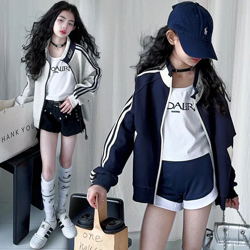 女童开衫外套春秋款休闲简约春装拉条立领短款运动春装中大童上衣