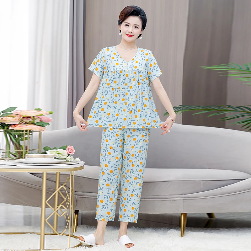 夏装短袖九分裤家居服套装中老年女装夏季新款大码宽松两件套睡衣