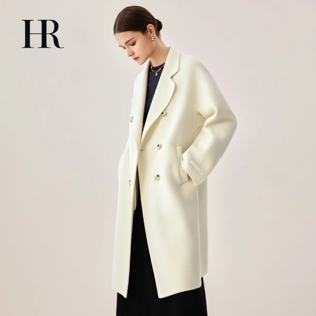 【HR赫莲娜】双排扣中长款绵羊毛毛呢外套通勤风H型-