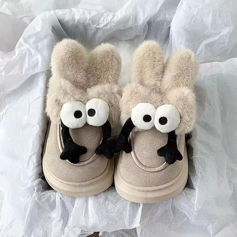 女士冬季加厚棉鞋包跟可爱卡通大眼怪厚底毛毛雪地靴加绒防滑棉鞋