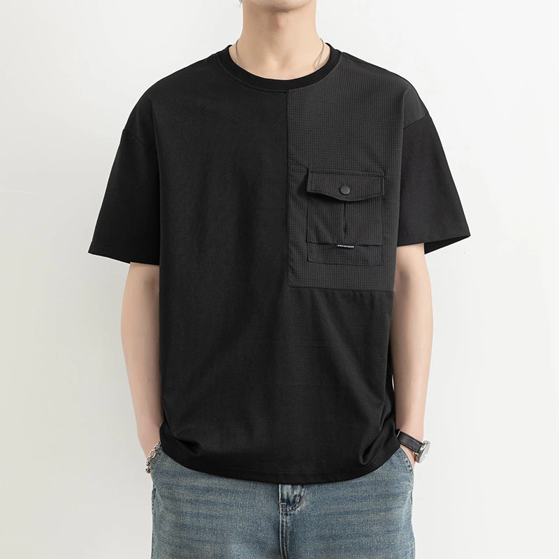 黑色短袖男生夏季2025新款圆领半袖t恤男宽松潮牌口袋体恤