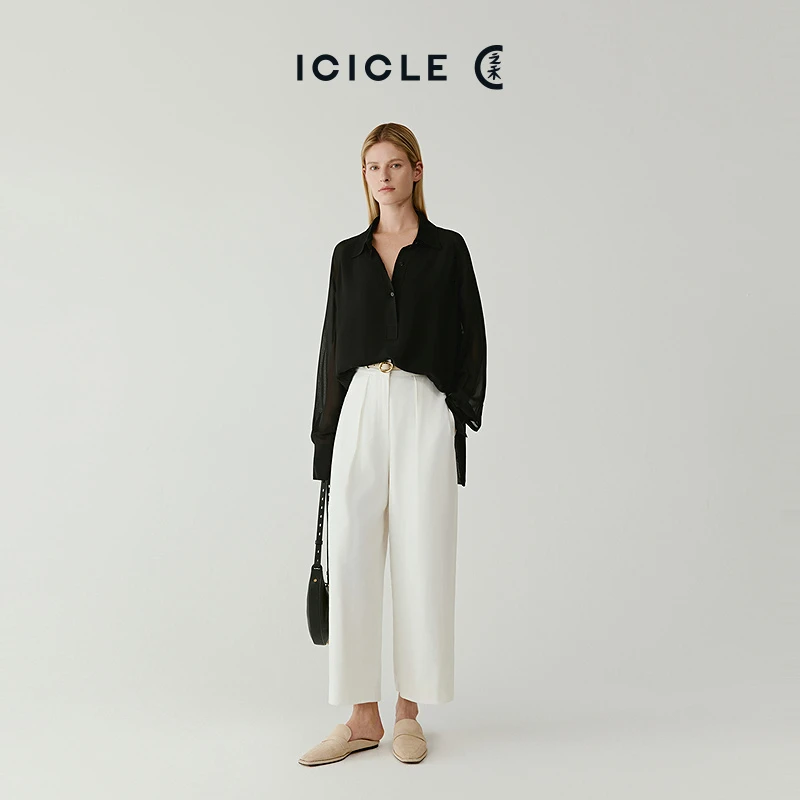 ICICLE之禾女装亚麻混纺弹力通勤简约斜纹阔腿裤0657