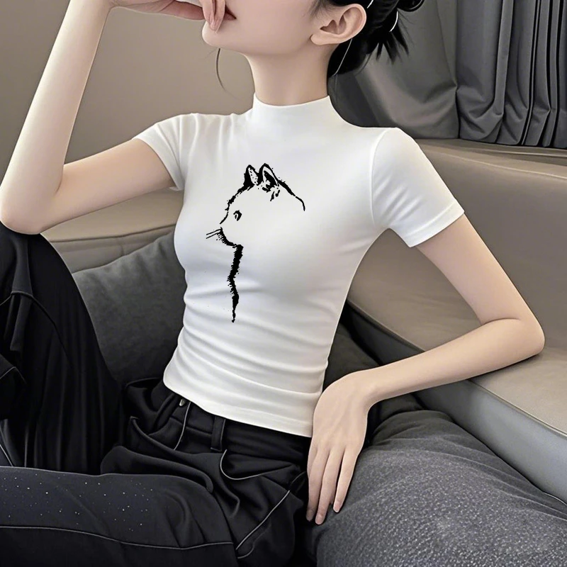 白色莫代尔猫咪印花短袖t恤女夏季百搭冰丝时尚洋气显瘦韩版上衣