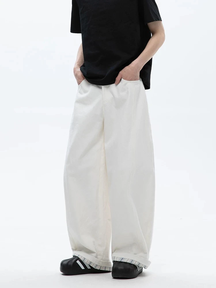 设计感拼接格纹直筒休闲裤男夏季阔腿美式长裤子AKZ153