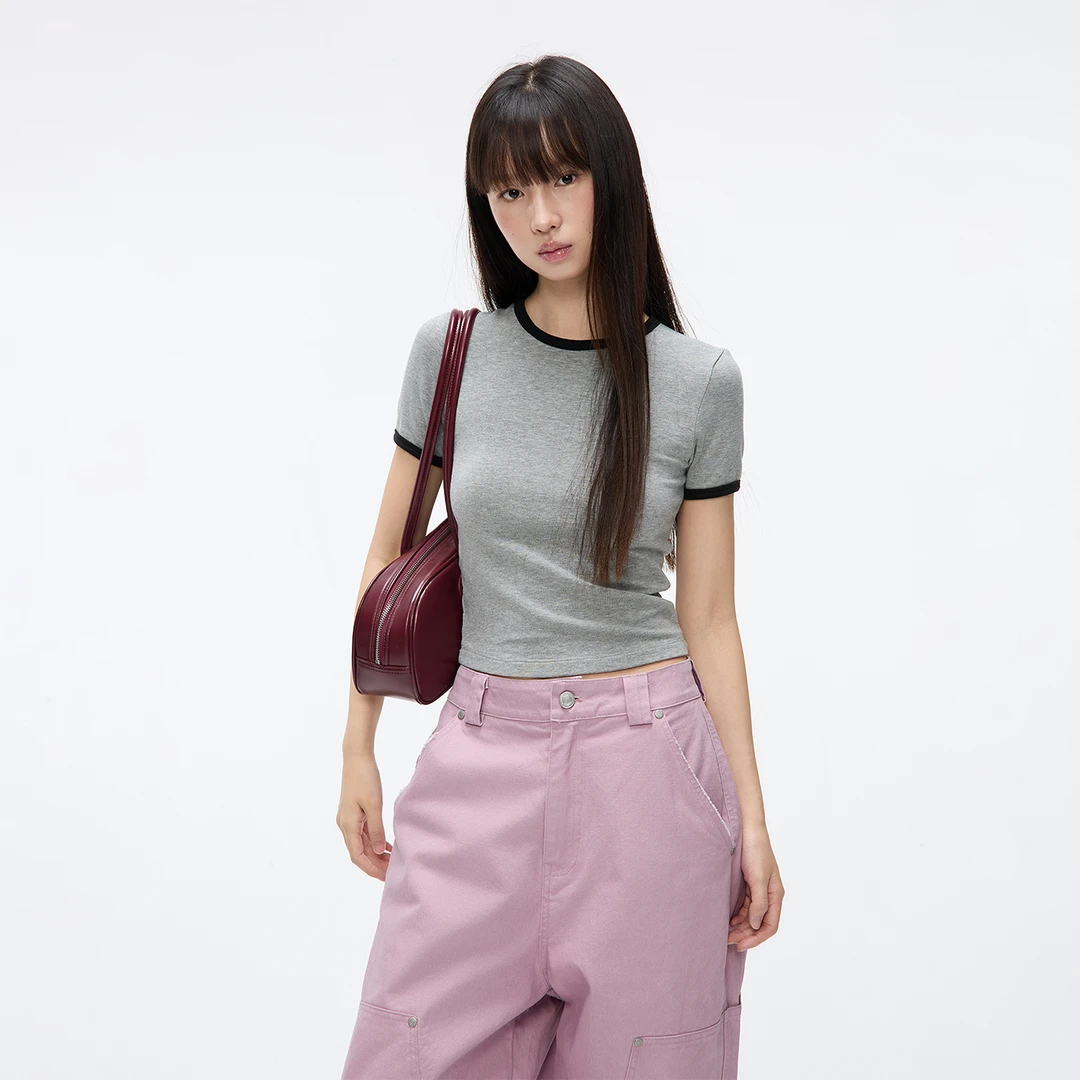 JUMPNEXT美式复古撞色显瘦正肩短款圆领T恤夏季新款修身短袖上衣