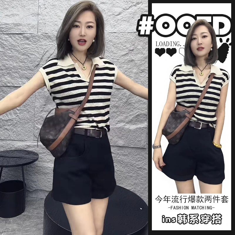 美式别致显气质套装女夏时尚气质海鸥领条纹洋气上衣搭配休闲短裤