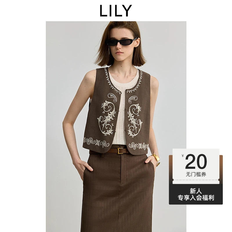 【流光风】LILY2025秋新款含亚麻复古刺绣无袖马甲背心125309C0904