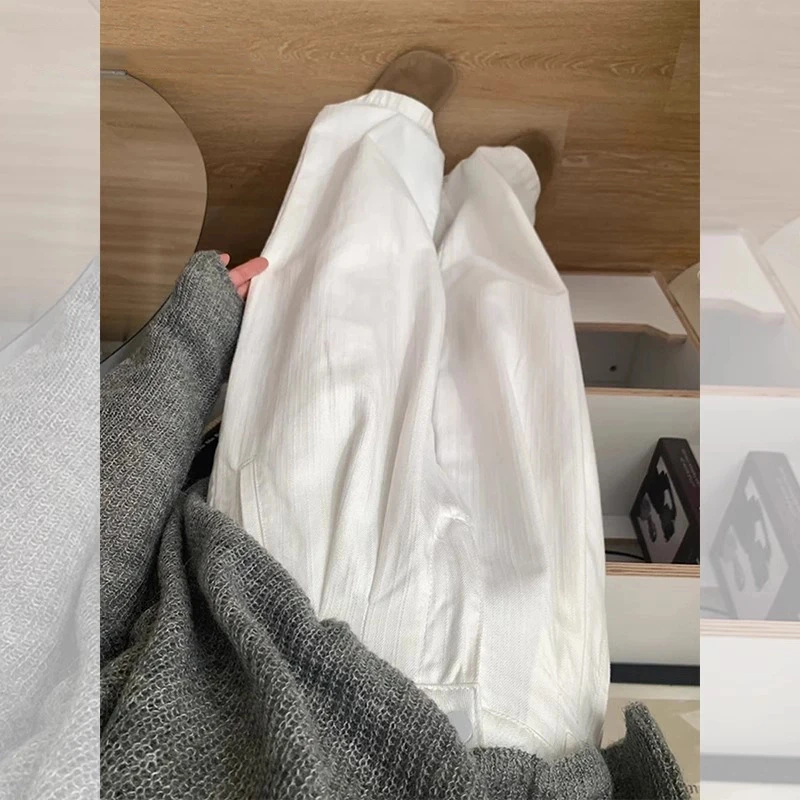 雪千羽白色阔腿牛仔裤女2025春季新款高腰褶皱宽松垂感直筒拖地裤