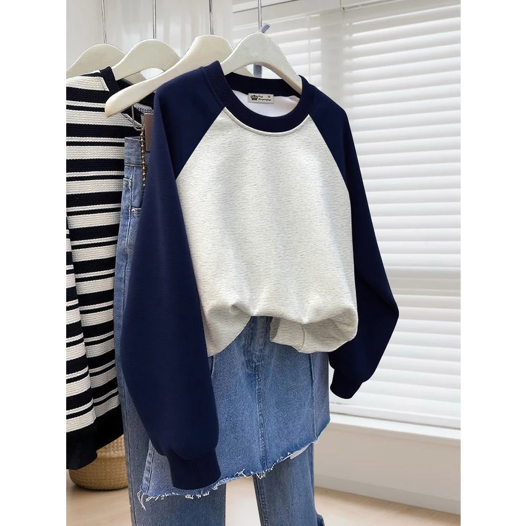 搭配鲨鱼裤大版休闲风撞色长袖卫衣女2025新款秋冬慵懒风套头上衣