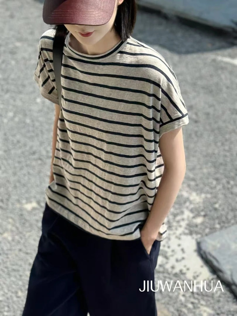 九畹花条纹阔版短袖T