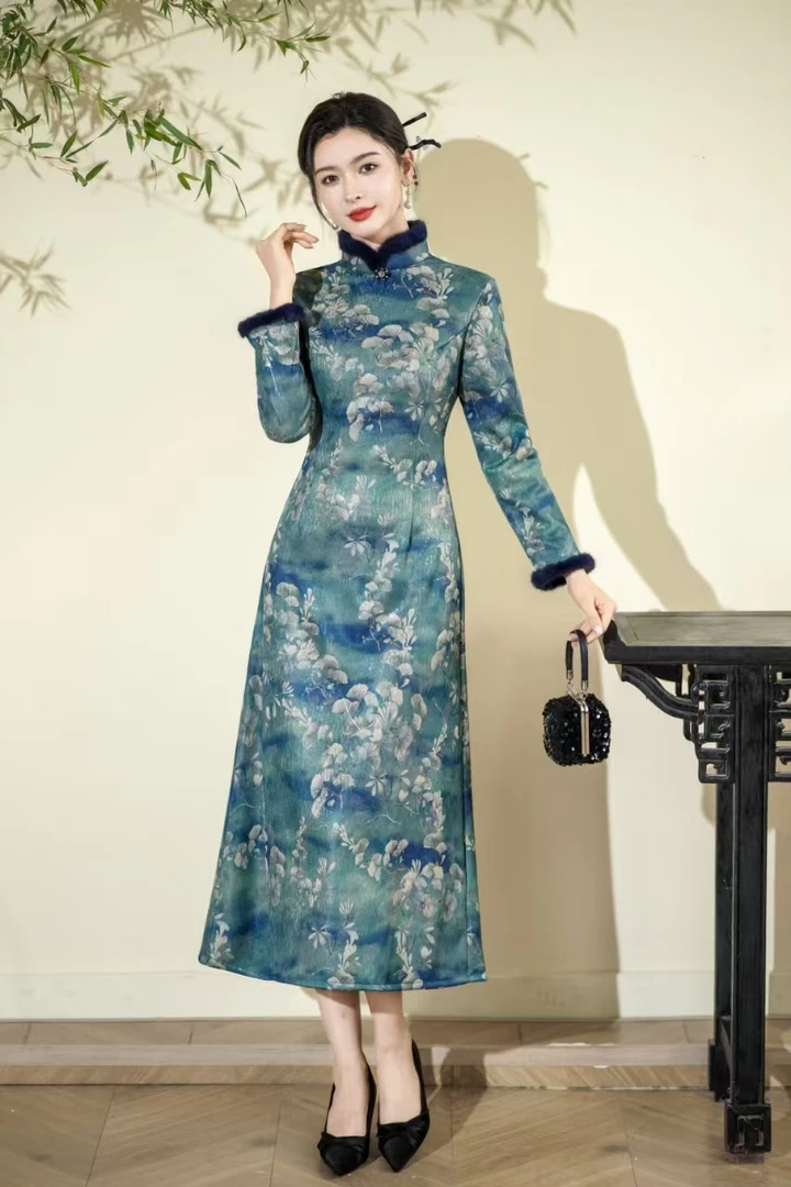 合欢花 冬款日常气质文艺国风复古优雅奥黛改良旗袍