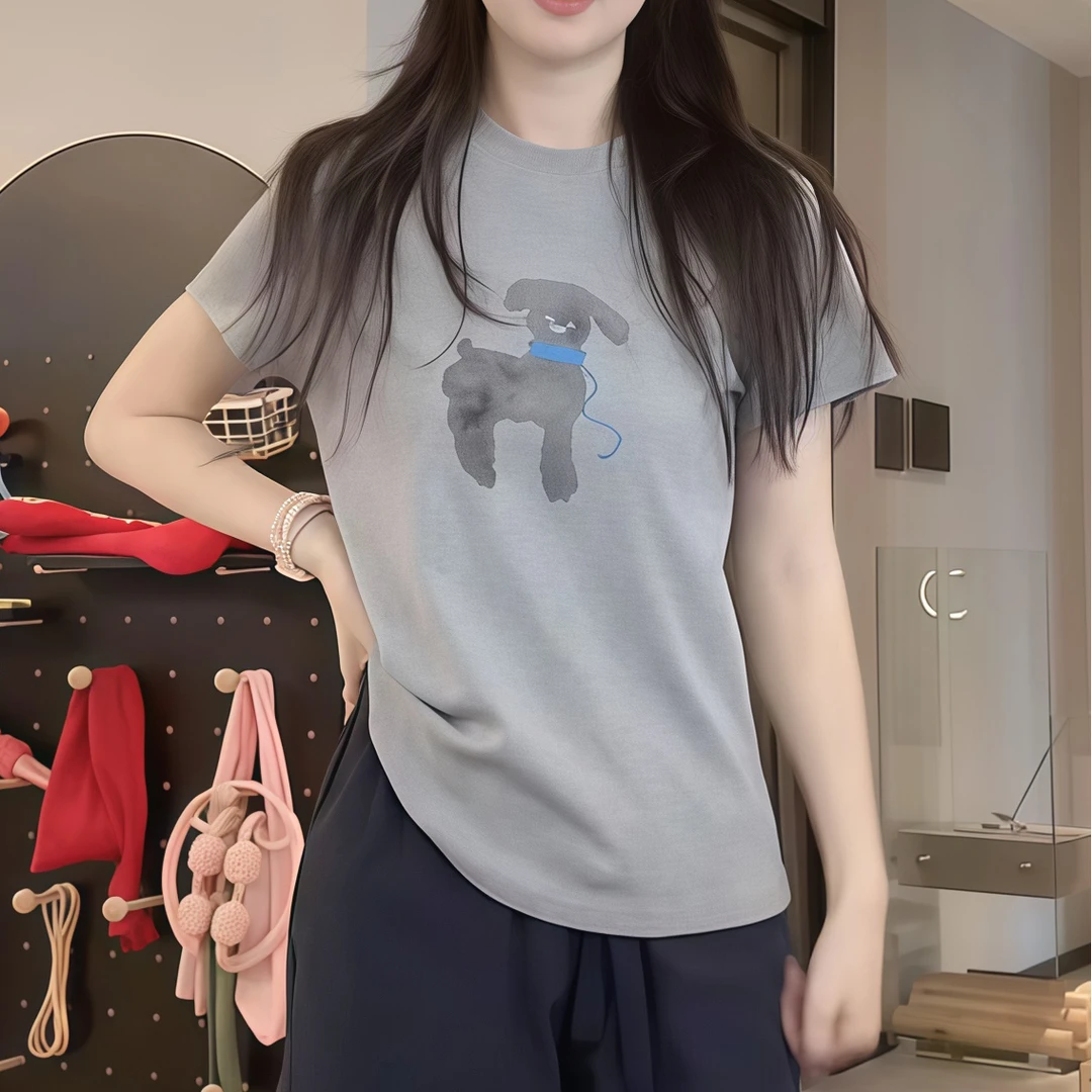 2025复古休闲风常规T恤设计师印花圆领小狗短袖潮流百搭上衣通勤