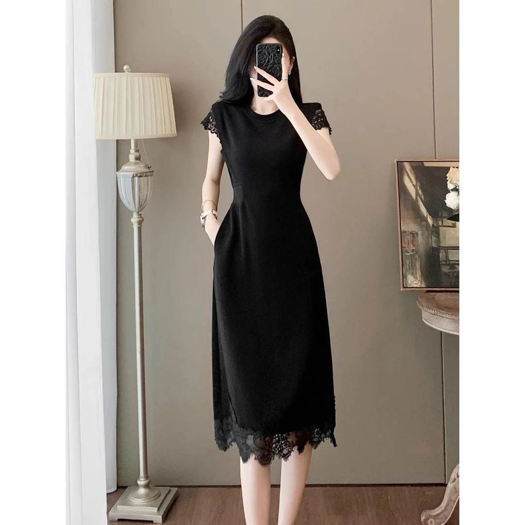 高级感赫本风短袖黑色连衣裙女夏2025年新款显瘦收腰长裙a字裙子