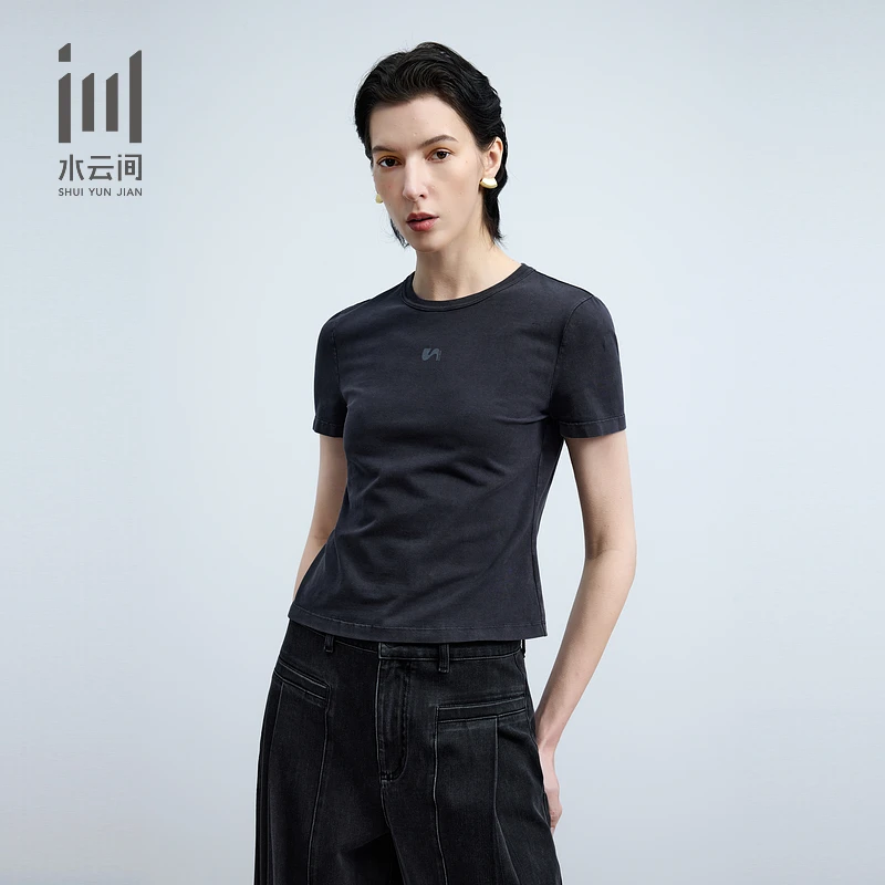 水云间女装圆领修身做旧工艺短袖T恤上衣2025夏季新款12520258