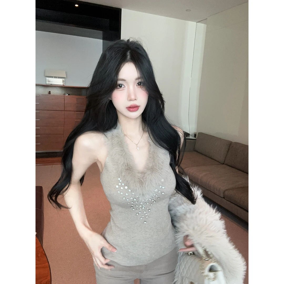 上衣显瘦气质性感毛领手工钻挂脖露背针织衫吊带背心女修身打底衫
