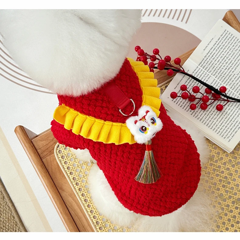 新年款冬装国风醒狮毛绒加厚保暖宠物狗狗猫咪衣服泰迪比熊唐装