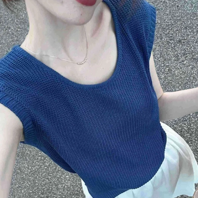 蓝色薄款冰丝针织衫背心夏季女装显瘦时髦洋气百搭V领无袖t恤上衣
