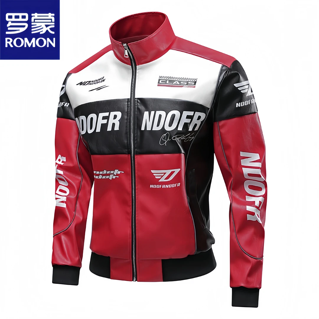 罗蒙PU皮衣新款炫酷赛车服立领秋冬季外套拼色机车服男装休闲长袖