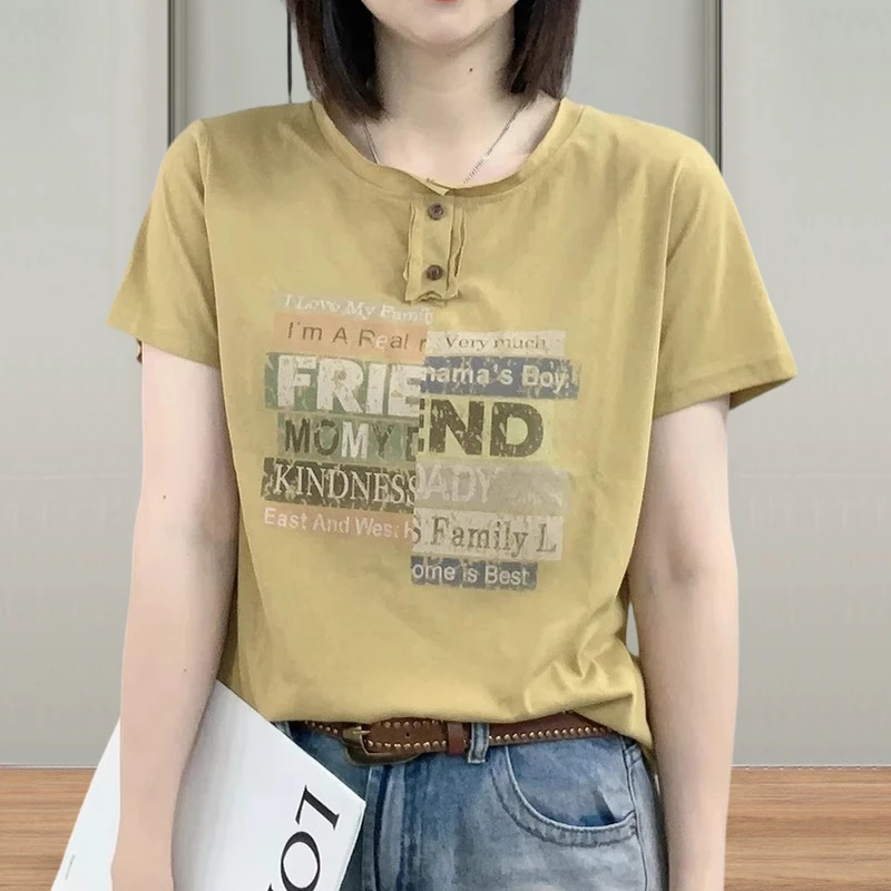 纯棉小众炸街高级感女装2025夏季新款印花洋气减龄纽扣短袖t恤女