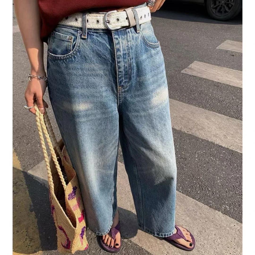 2025夏季新款水洗高腰牛仔阔腿裤九分裤设计感宽松显瘦裤子
