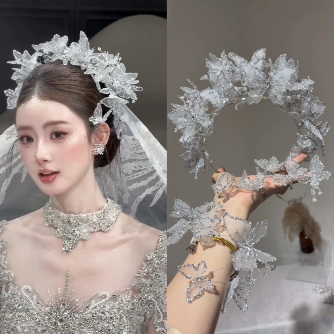 6998高级新娘皇冠头饰耳环透明蝴蝶皇冠发饰婚纱晚礼服配饰品
