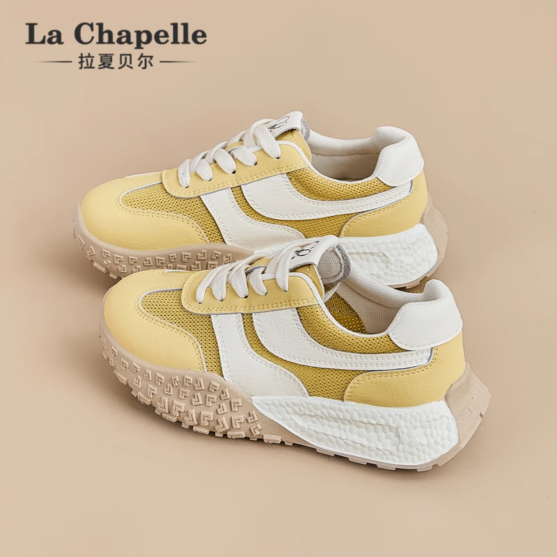 拉夏贝尔厚底运动鞋女2025新款夏季透气黄色网面轻便休闲德训板鞋