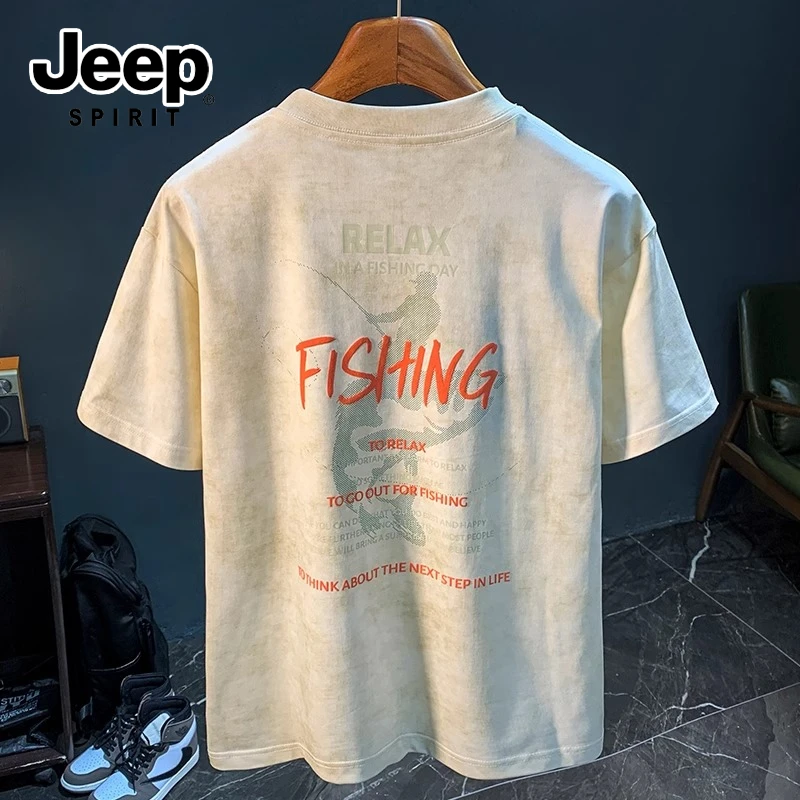 JEEPSPIRIT吉普男士轻薄款字母印花时尚休闲T恤夏季宽松圆领上衣