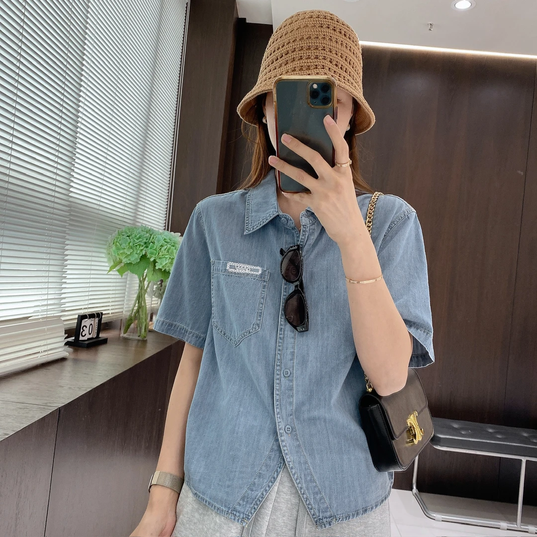 IMFLY金小金自制女装 衬衫DYW9009春季口袋刺绣装饰牛仔短袖上衣