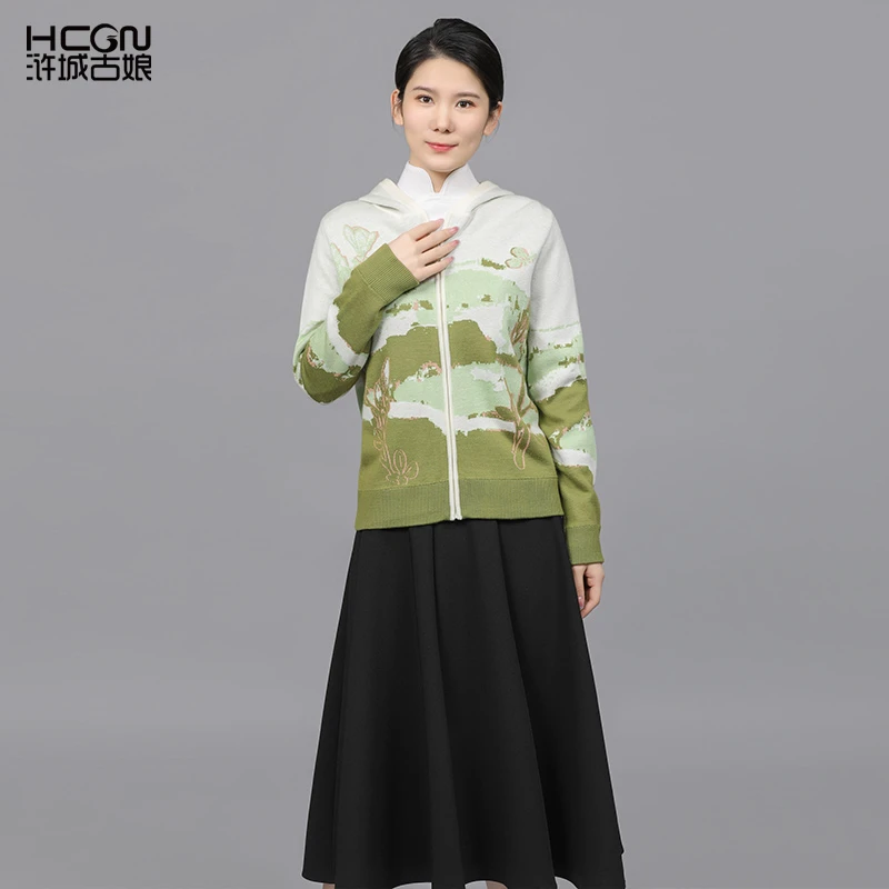 绵羊毛新款中国风短款拉链带帽女气质玉兰春提花毛织开衫-16D2382