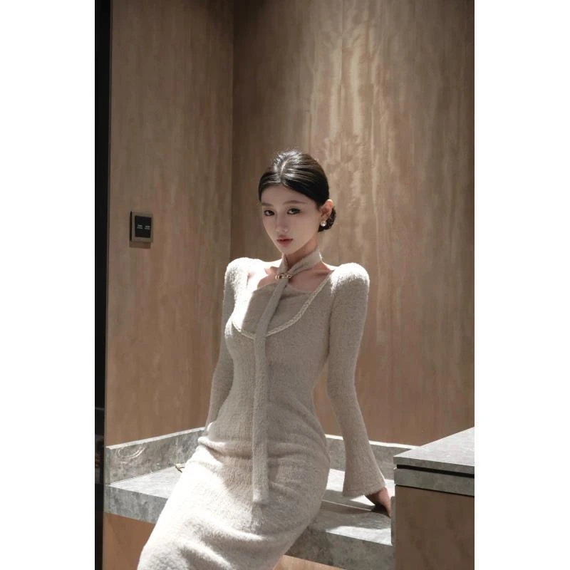 现货春日部【奶茶糖霜】气质温柔风长款秋冬连衣裙01444