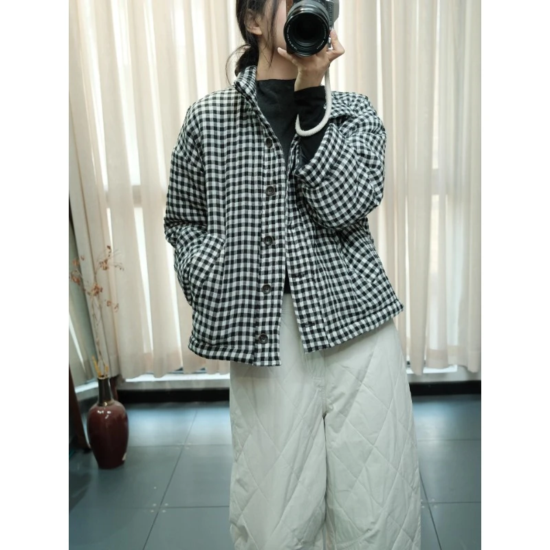 文艺格子单排扣宽松百搭舒适保暖双口袋长袖立领棉服外套2025冬季