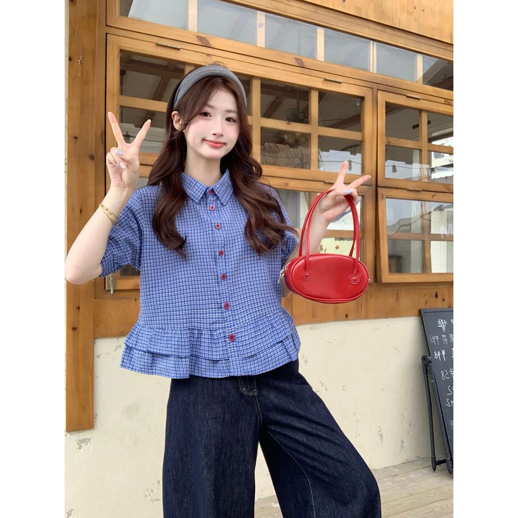 蓝色格子衬衫女2025夏季新款miu系荷叶边短袖衬衣韩版短款上衣潮