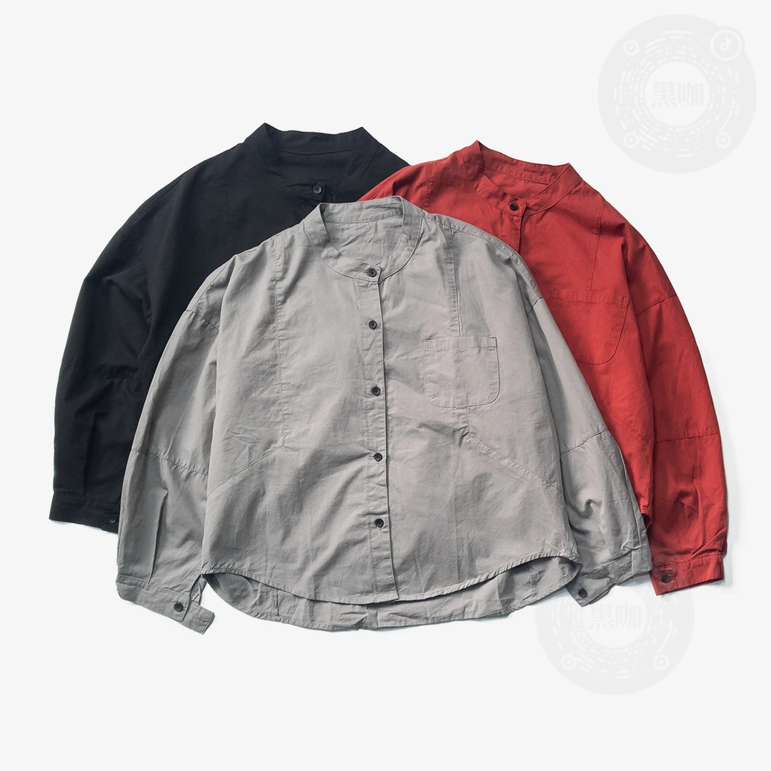 春季女士防晒纯色圆领长袖衬衫宽松春秋潮流百搭简约复古日系上衣