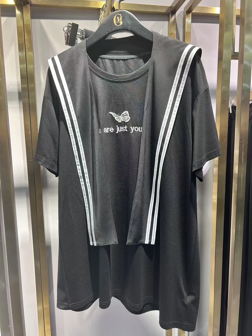 谷马宽松型休闲风短袖圆领T恤气质运动小香风复古风1411