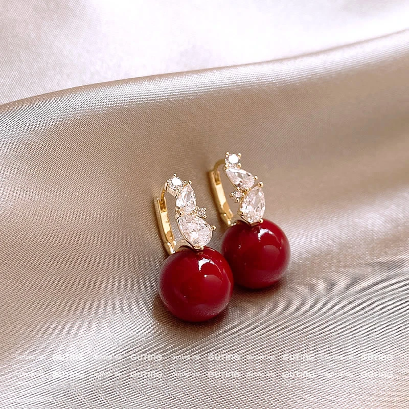 铜合金合成锆石耳饰 19454闪锆耳扣优雅法式耳环复古新年红色耳饰
