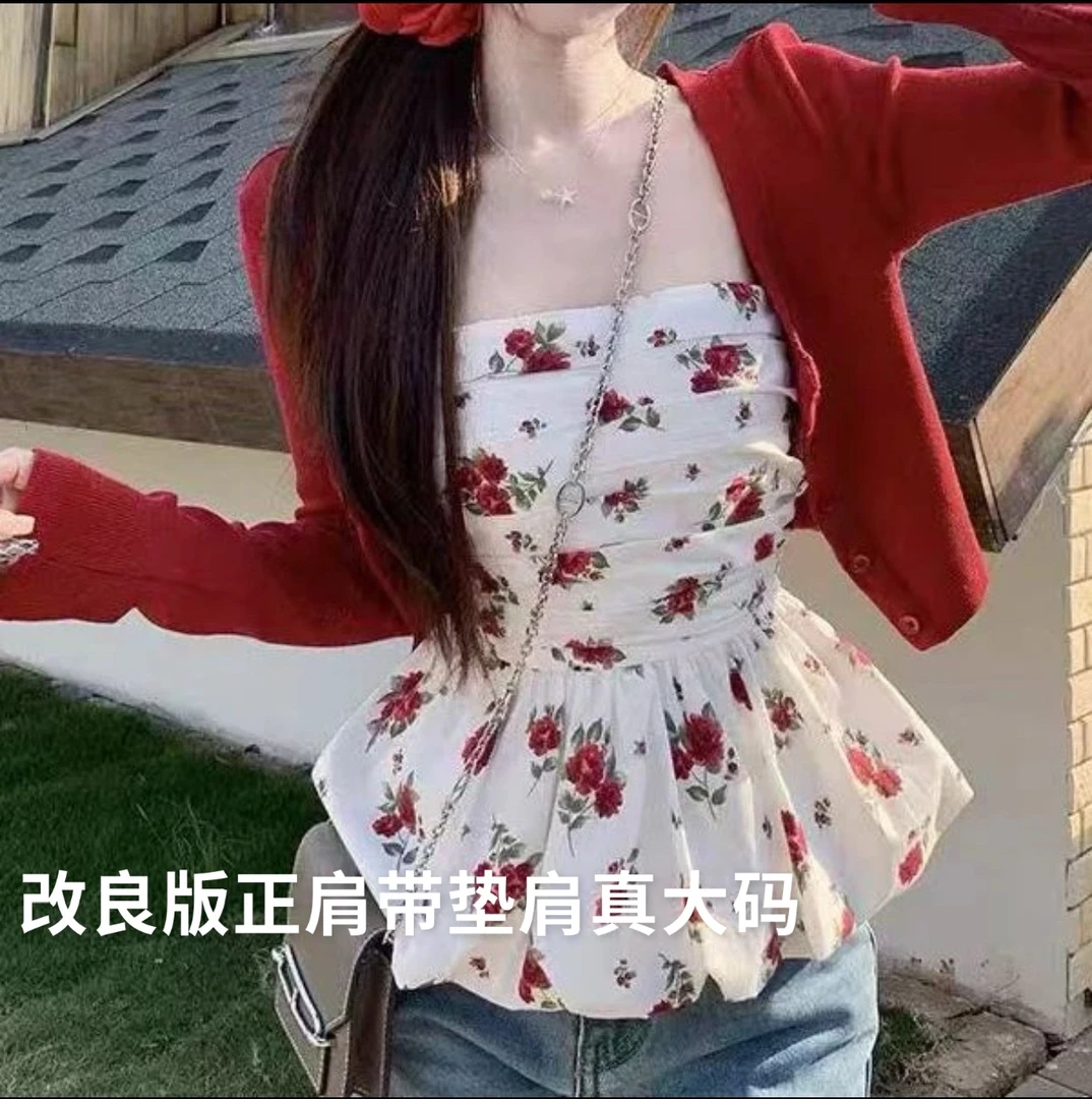 雯雯子推荐甜心玫瑰春夏纯欲碎花抹胸上衣发式➕开衫