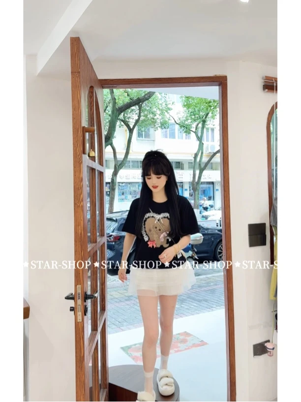 ｛自留网纱T｝卡通图案 网纱下摆拼接 休闲T恤