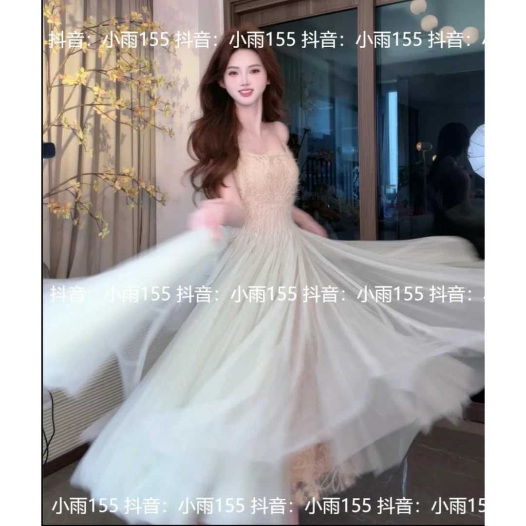 绿野仙踪/新款小众设计感蕾丝薄荷绿网纱吊带仙女裙小礼裙