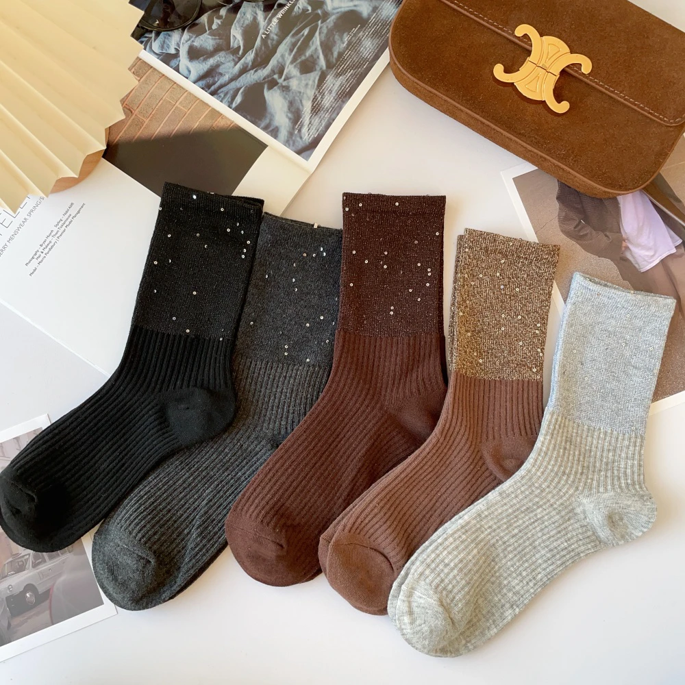 欧货亮片袜子纯色堆堆袜吸汗潮流韩版女袜子黑色简约中筒ins