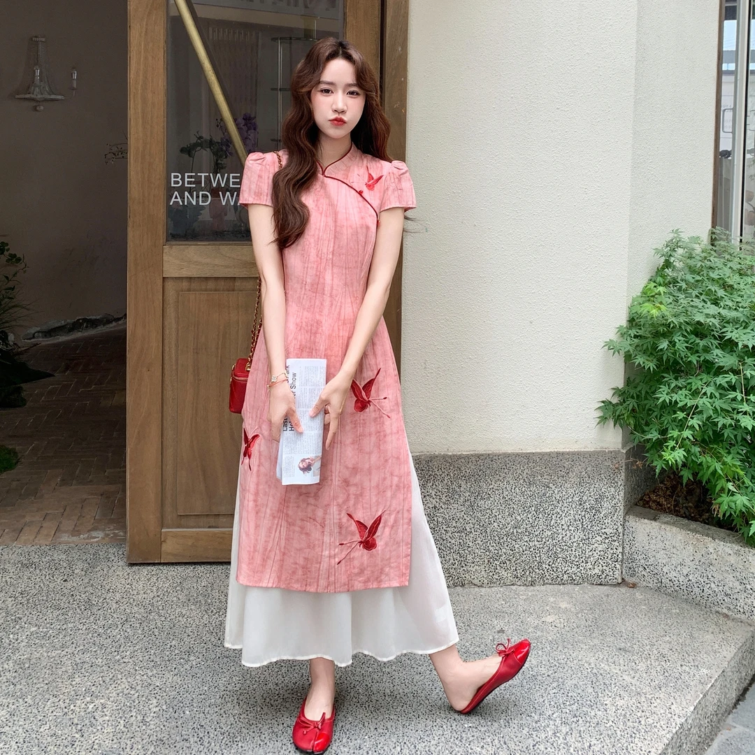 假两件新中式国风旗袍连衣裙女夏季2025新款收腰显瘦气质长裙子