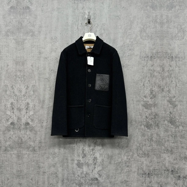 未使用 LOEWE/罗意威 25新款拼皮压纹Logo毛呢夹克/SK086/48码